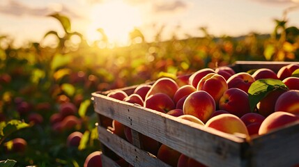 natural light photography of a peach-filled crate with glowing ambient colors, radiant morning setting with realistic textures and minimal styling