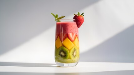 Mixed fruit smoothie in a clear glass with a strawberry and a flower on the rim of the glass on a white background.