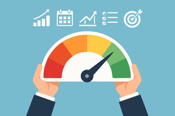 KPI key performance indicator, success benchmark or measuring goal achievement, metric or comparison standard, winning target dashboard concept, businessman hand with KPI performance gauge scale.