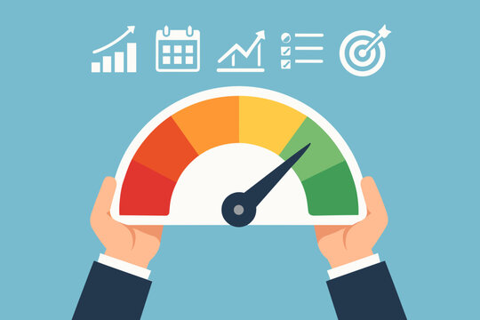 KPI key performance indicator, success benchmark or measuring goal achievement, metric or comparison standard, winning target dashboard concept, businessman hand with KPI performance gauge scale.