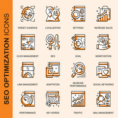 Set of seo optimization  related line icons. Search, marketing, research, optimize etc. Editable stroke.