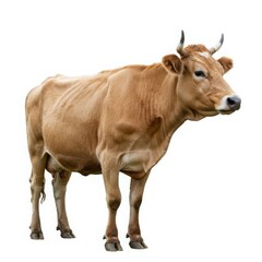 Full body shot of a brown cow with small horns isolated on a white background