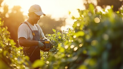 Skilled gardener trimming hedges in the golden sunlight, focused on the work