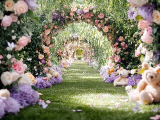 Enchanting floral tunnel with teddy bears, evoking childhood wonder and whimsy