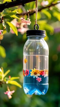 Whimsical hummingbird feeder hanging from a tree branch with flowers, colorful floral decals and blue liquid, against a vibrant green backdrop.