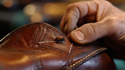 Skilled Cobbler Hand-Stitching Leather Shoe, Close-up Repair Work on White Background.