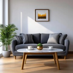 Obraz premium Cozy living room setup with indoor plants and artwork modern home interior design bright space inviting atmosphere