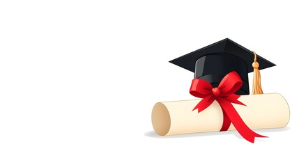 Graduation cap and diploma with red ribbon illustration for academic achievements