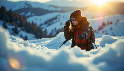 a young person in a snowy landscape, seemingly enjoying winter sports. they are dressed appropriately for cold weather, wearing goggles, and appear to be standing in a field blanketed with snow