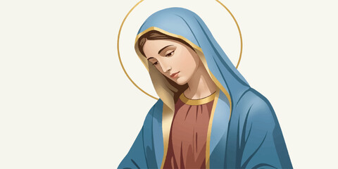 Elegant vector illustration of Mother Mary in a minimalistic religious icon style, featuring smooth line art and gentle gradient colors