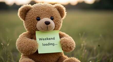Adorable Teddy Bear Announces Weekend Loading in a Serene Outdoor Setting