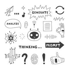 Artificial Intelligence Line Icons Set. Hand drawn AI symbols and signs. Robot Chatbot Gestures Speech bubbles buttons Circuit Doodles collection. Vector illustration
