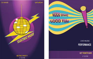Retro Music Night Posters. Disco Ball & Sound Wave Retro Poster Set