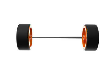 3D render of a MINI 4WD wheel assembly featuring orange rims and black tires connected by a shaft. Isolated component perfect for racing, toy car, or technical projects on a PNG Transparent HD