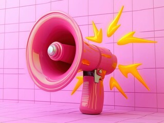 Bright pink megaphone with yellow sound wave icons on a pink tiled background conveying loud announcement or attention