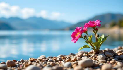 a vibrant pink flower is blooming in the foreground of this image, situated in rocky soil near a serene lake