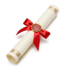 A diploma scroll tied with a red ribbon and a decorative seal on white background