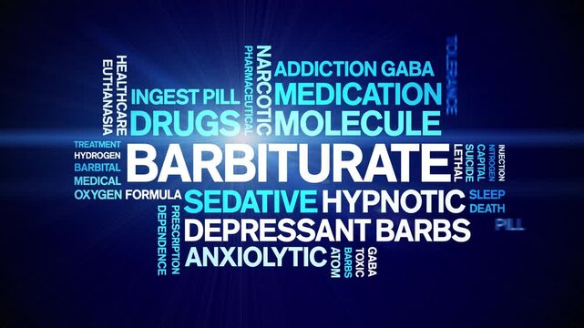 Barbiturate animated word cloud;text design animation tag kinetic typography seamless loop.