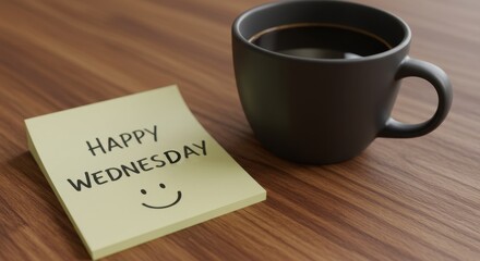 Happy Wednesday Morning Coffee Inspiration: A cheerful start to the midweek with a steaming cup of joe and a motivational sticky note