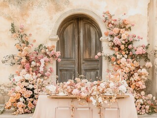 Elegant Wedding Table Setting with Floral Decorations in a Rustic Venue