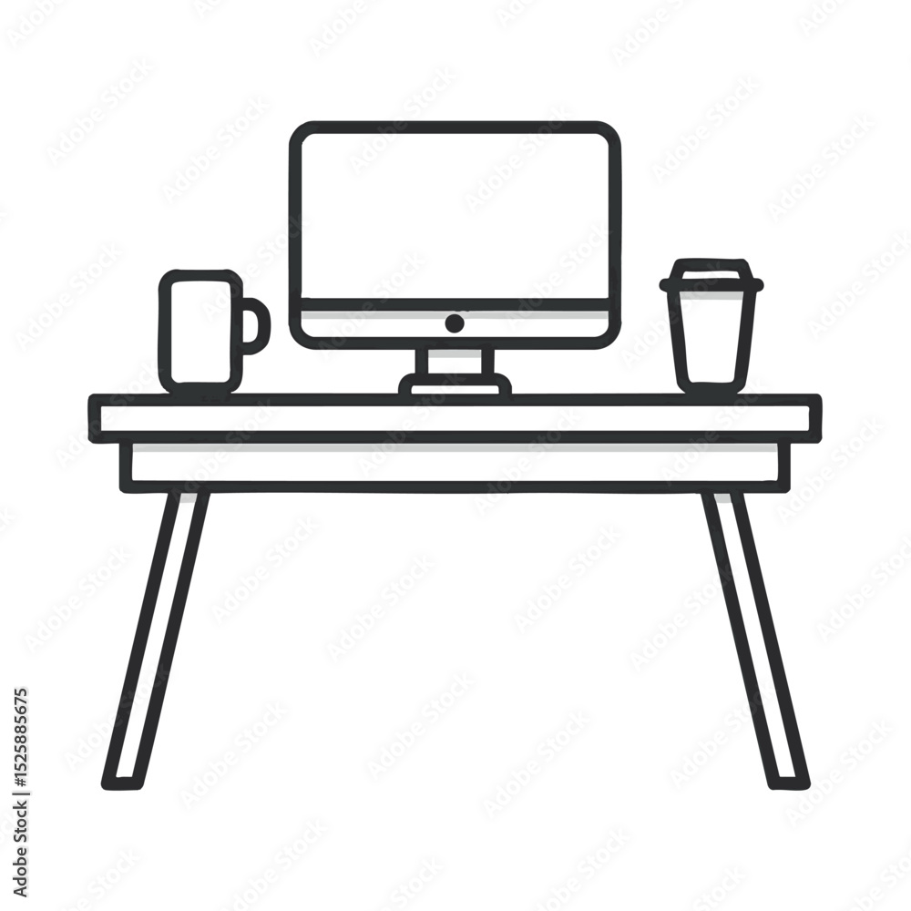 Poster a desk with a computer monitor mug and cup in simple line art