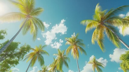 Obraz premium Tropical Paradise: A View of Palm Trees Reaching for the Sky