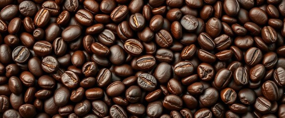 Fototapeta premium Close-up of dark, oily roasted coffee beans, rich aroma implied, aroma, coffee bean texture