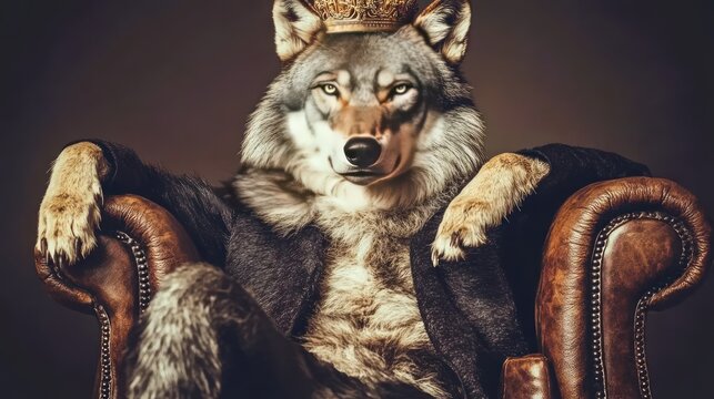 Crowned wolf king throne leather chair studio portrait