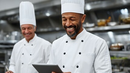 Two chefs in white uniforms smile in a commercial kitchen using a tablet.