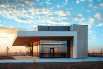 Modern small building with large glass windows and flat roof under a colorful sky at sunset
