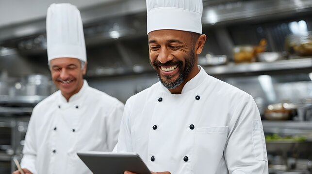 Two chefs in white uniforms smile in a commercial kitchen using a tablet.