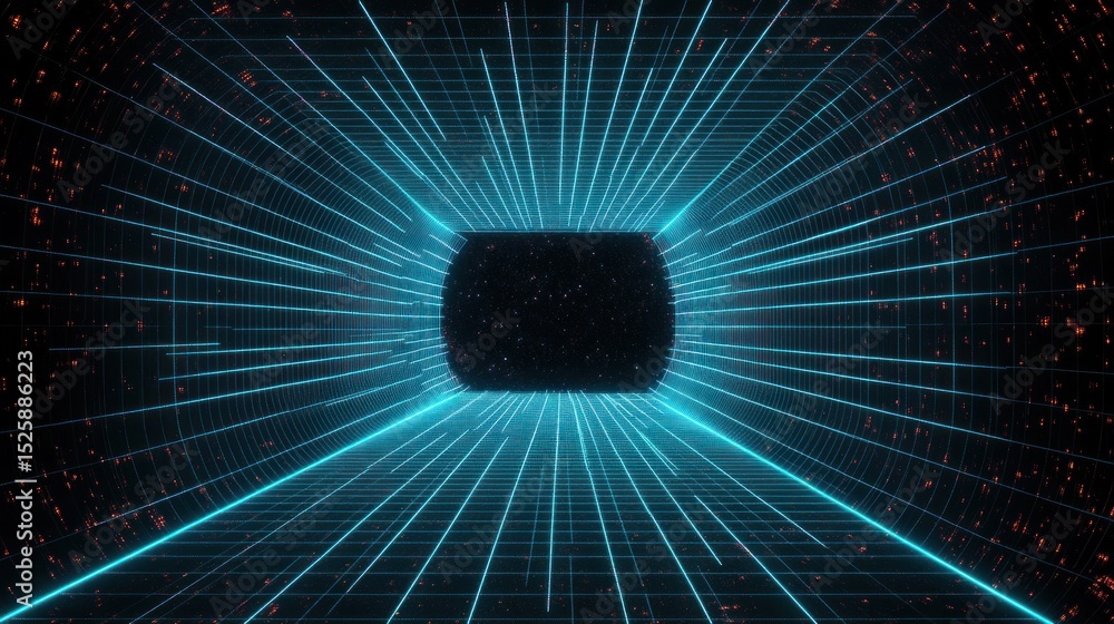 Aufkleber futuristic glowing blue grid tunnel with a black void in the center surrounded by dark space and sca