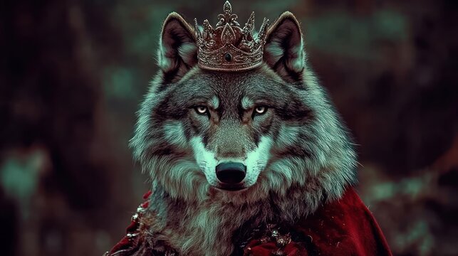 Regal wolf king in forest, wearing a crown, dramatic lighting