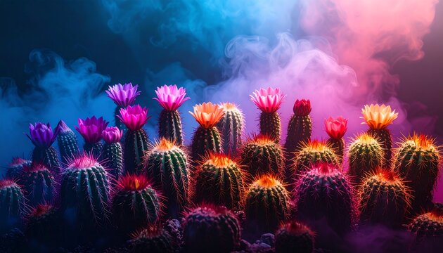 Colorful cacti in vibrant smoke