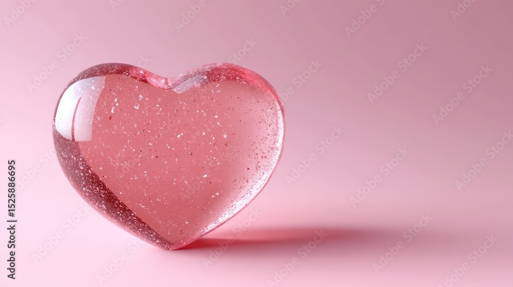 Poster shiny transparent heart-shaped object with bubbles inside resting on a smooth pink surface conveying