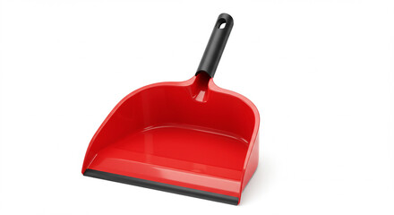 Red dustpan with black handle isolated on white background product photography
