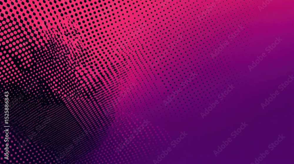 Poster abstract digital background with gradient pink to purple hues and black halftone dot patterns creati