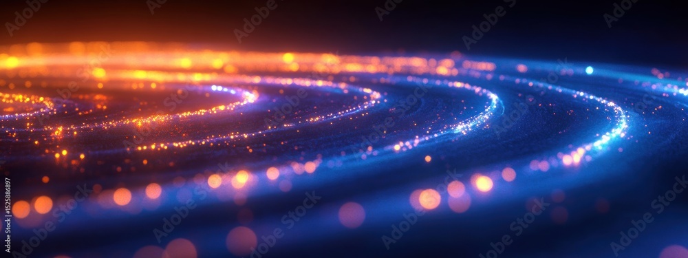 Poster glowing curved lines with bright blue and orange sparkling particles creating a futuristic and dynam