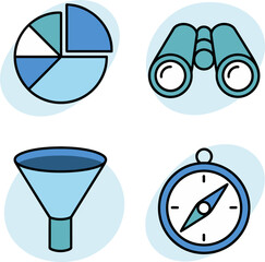 Conversion funnel icon set. Sales funnel, target navigation, directional strategy, stage-based business planning  