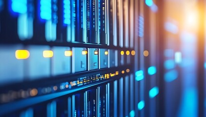 Dark tech server room filled with computer racks. Secure environment hosts critical systems. Advanced tech facilities support data centers. Digital infrastructure for crypto mining. Modern datacenter