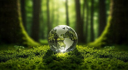 Globe reflecting forest in nature symbolizing environmental protection and conservation concept