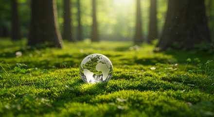 Environmental concept of a glass globe resting on lush green grass in a forest setting