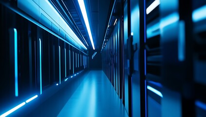 Dark tech server room filled with computer racks. Secure environment hosts critical systems. Advanced tech facilities support data centers. Digital infrastructure for crypto mining. Modern datacenter