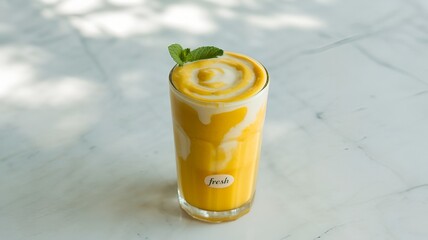 Mango smoothie with fresh milk in a clear glass with a mango flower on the rim and poured with milk on a white background.