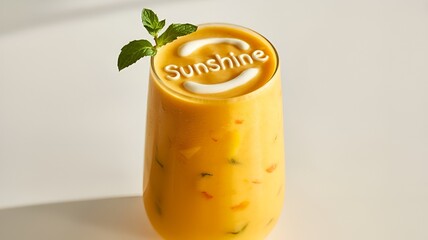 Mango smoothie with fresh milk in a clear glass with a flower on the rim of the glass on a white background.