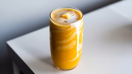 Mango smoothie with fresh milk in a clear glass on a white background.