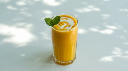 Mango smoothie in a clear glass with a mango flower on the rim and milk on top on a white background.