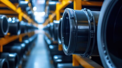 Fototapeta premium Warehouse pipes storage, industrial facility, plastic tubing, inventory management, manufacturing