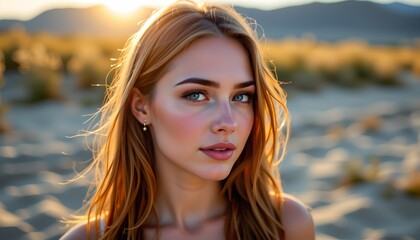 a woman with long blonde hair posing for a portrait in an outdoor setting, likely a desert, given the dry vegetation and the golden hour lighting that suggests either sunrise or sunset