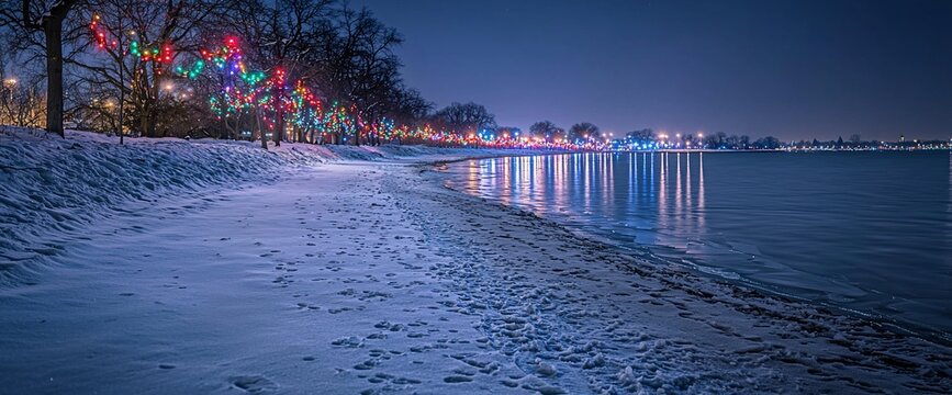 Snowy beach at night, illuminated by colorful lights reflecting on calm water. Footprints in snow lead toward lights